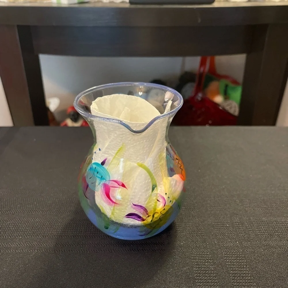 Small Hand Painted Blown Glass Pitcher Applied Handle Creamer W/Tropical Fish.